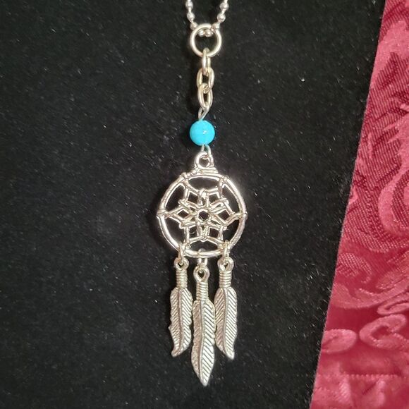 Silver & Turquoise Dream Catcher Pendant On 8" Bead Clasp Chain - Picture 2 of 3